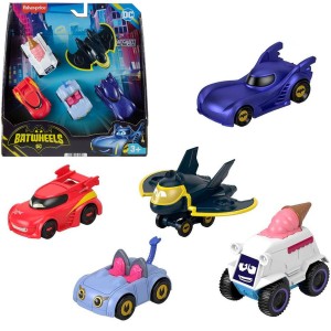 Fisher-Price Bathwheels kovová autíčka - Batmobil, Redbird, Kitty, Snowy a Batwing.