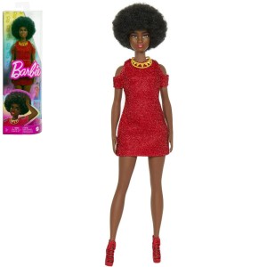 Mattel Barbie Fashionistas - Černá Barbie s červenými pletenými šaty