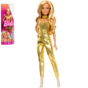 Mattel Barbie Fashionistas #222 štíhlás vlnitými blond vlasy, zlatý overal a doplňky HRH19