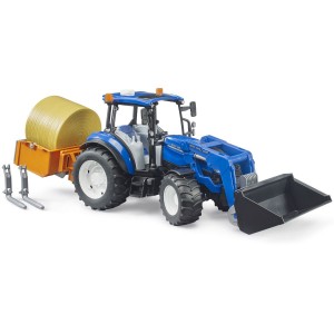 BRUDER 2187 Traktor New Holland T5.120 s čelním nakladačem, korbou, vidlemi a kulatý balík