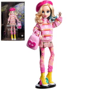 Mattel HXJ05 Monster High X Enid Sinclair v růžové barvě s baretovou čepicí a batohem