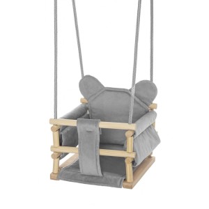 Houpačka dřevěná s velurovým polštářkem ve tvaru Medvídka - šedá (max. nosnost 20 kg)