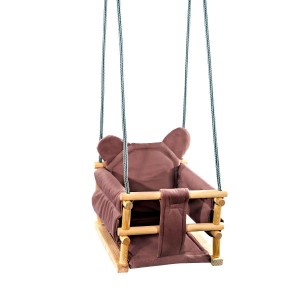 Houpačka dřevěná s velurovým polštářkem ve tvaru medvídka - růžová (max. nosnost 20 kg)