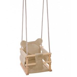 Houpačka dřevěná s velurovým polštářkem ve tvaru Medvídka - béžová (max. nosnost 20 kg)